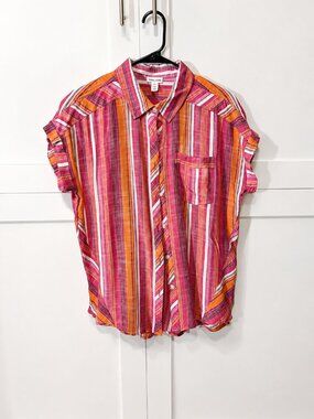 Tribal Jeans Pink & Orange Striped Button-Up Blouse – Petite Small (P/S) 🌺🧡